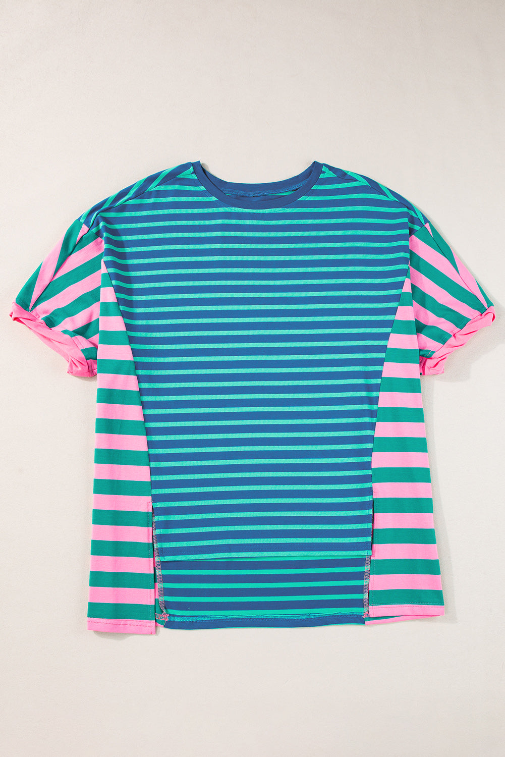 Blue Stripe Colorblock Patchwork Baggy T Shirt