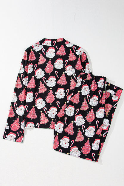 Black Christmas Santa Printed Two Piece Pajamas Set