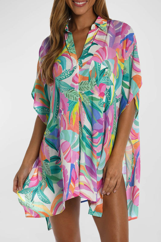 Multicolor Plant Print Button-up Half Sleeve Beach Cover-Up