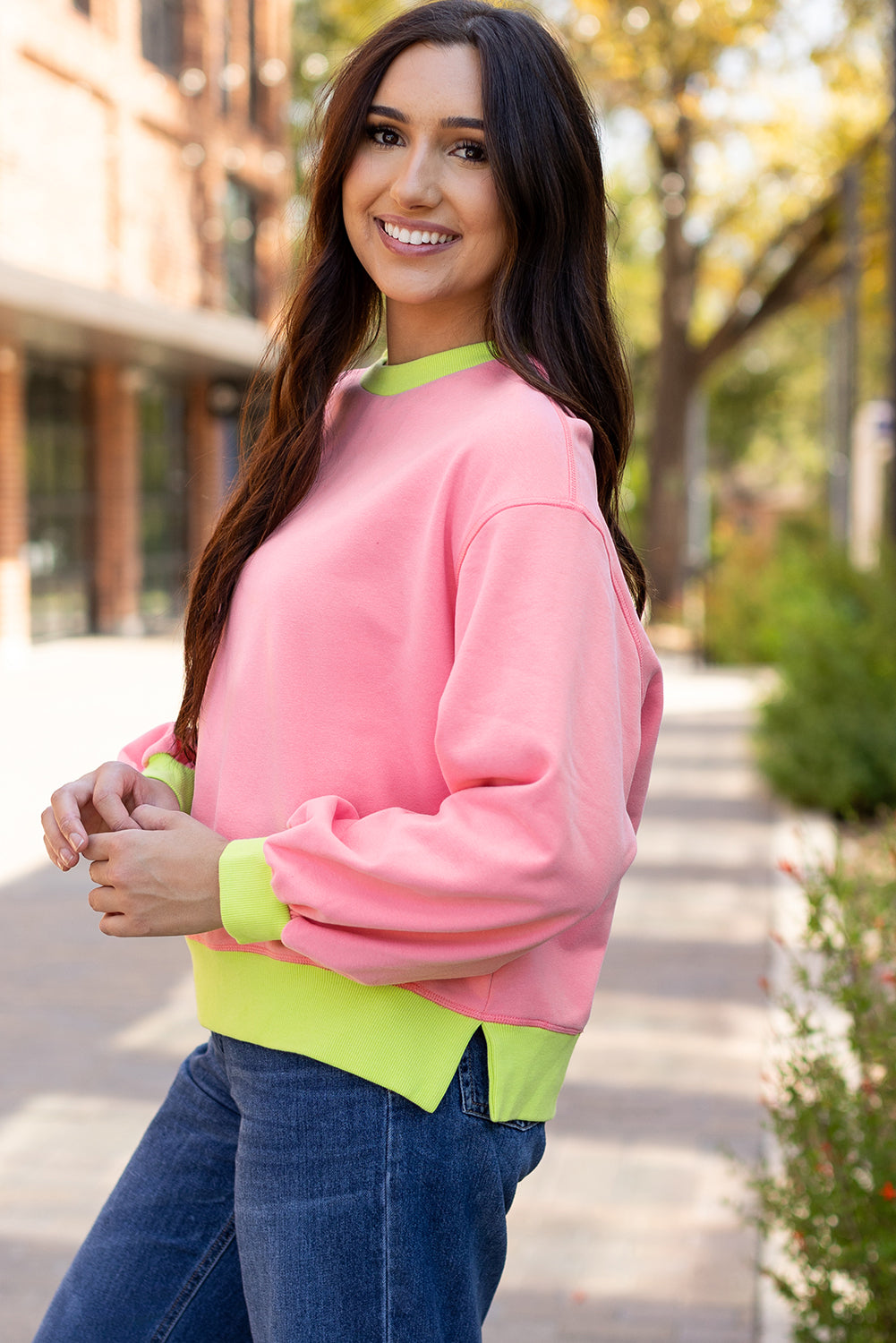 Pink Colorblock Bubble Sleeve Sweatshirt