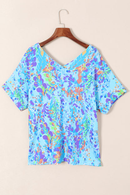 Sky Blue Loose Painted Floral Tee