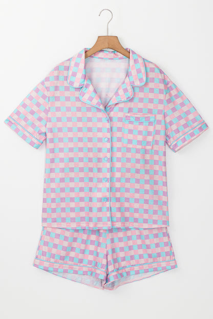 Purple Checkered Pattern Short Sleeve Pajamas Set