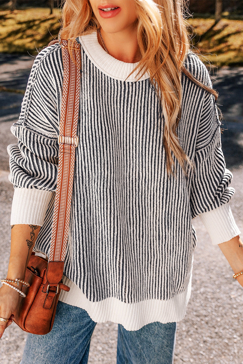 Black Striped Textured Knit Contrast Edge Loose Sweater