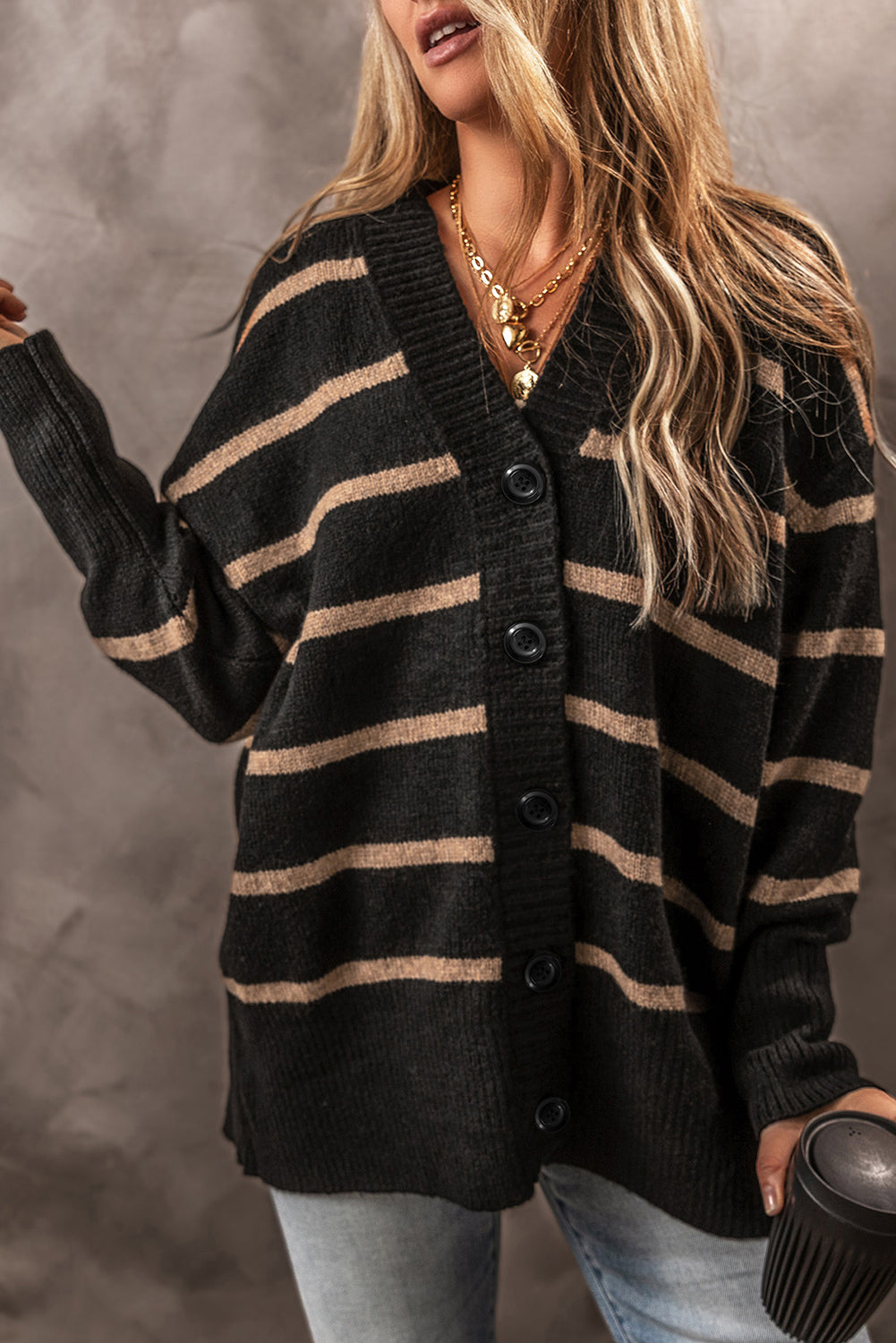 Black Stripe Buttoned V-Neck Drop Shoulder Loose Cardigan