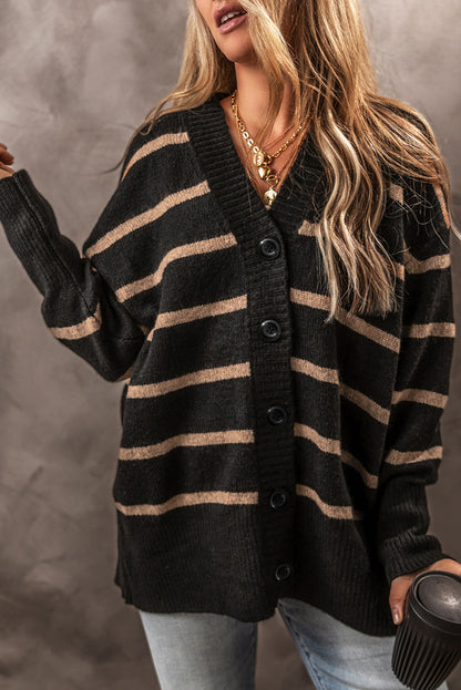 Black Stripe Buttoned V-Neck Drop Shoulder Loose Cardigan