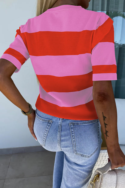 Bright Pink Colorblock Striped Knitted T-Shirt