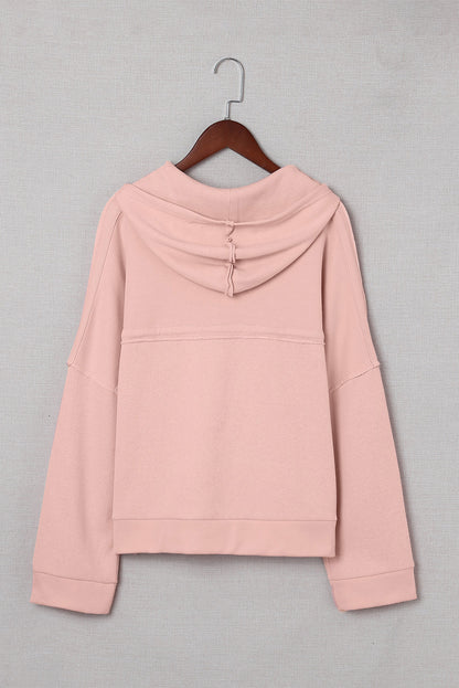 Pink Casual Button Solid Patchwork Trim Hoodie