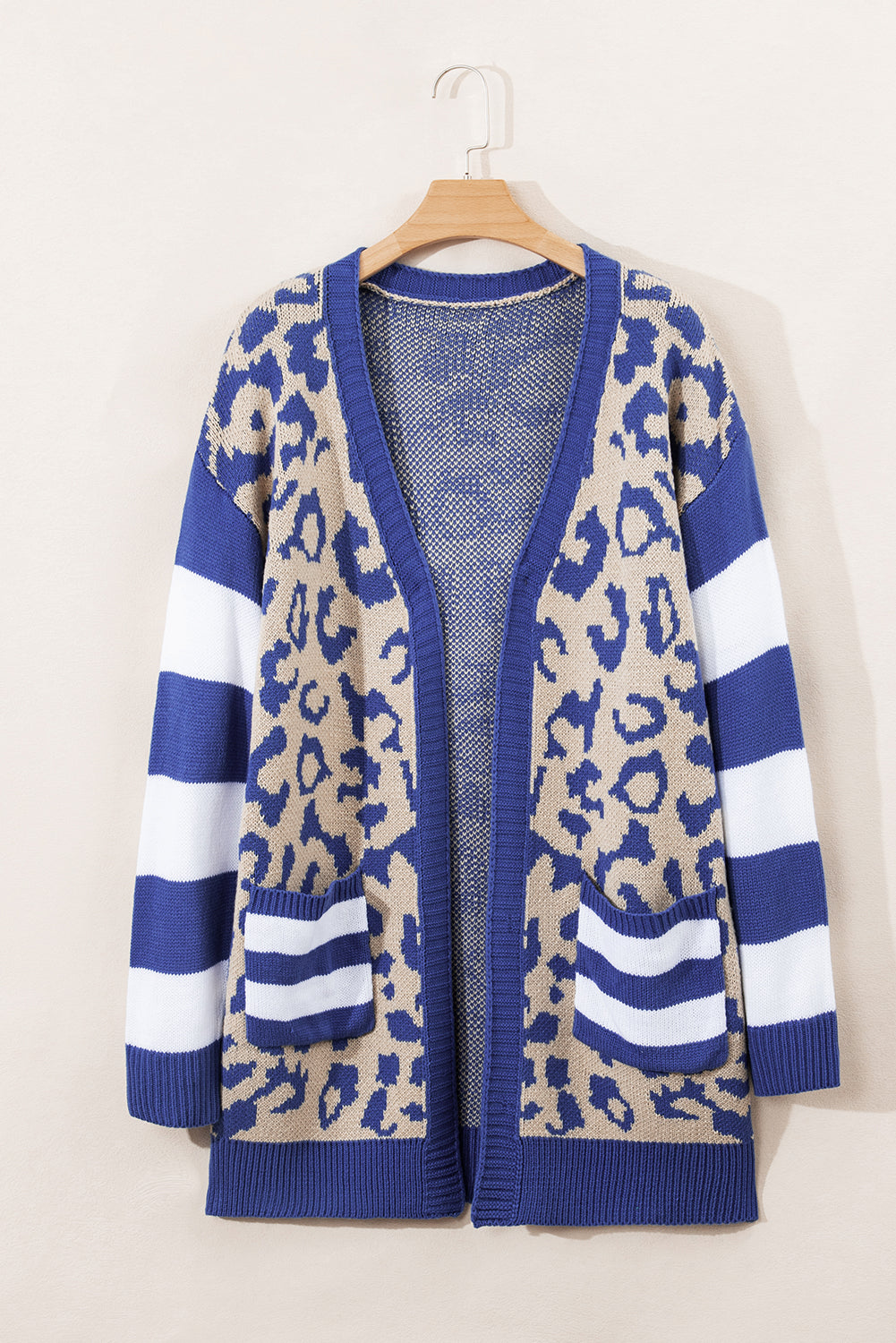 Dark Blue Stripe Sleeve Leopard Print Open Front Cardigan With Pockets