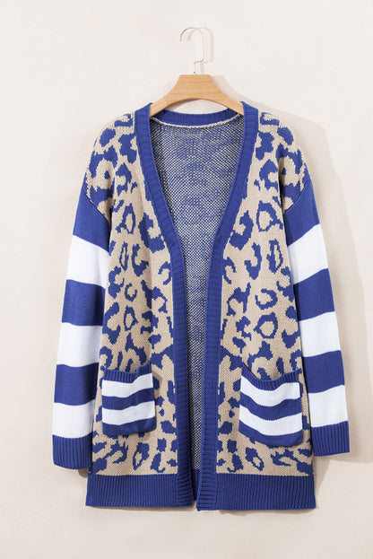 Dark Blue Stripe Sleeve Leopard Print Open Front Cardigan With Pockets