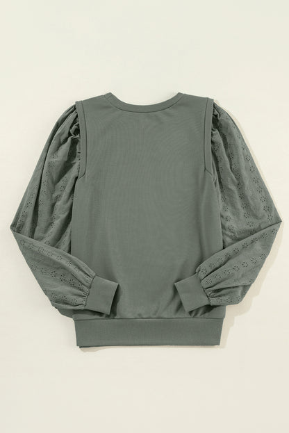 Grayish Green Solid Patchwork Sleeve Round Neck Sweatshirt