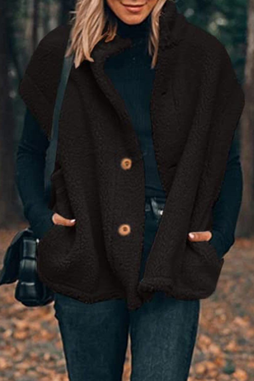 Black Sherpa Stand Collar Jacket Vest