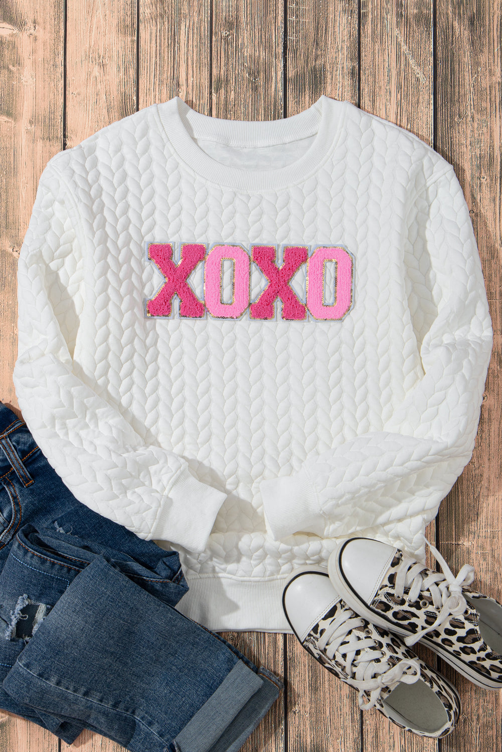 White XOXO Glitter Chenille Cable Knit Pullover Sweatshirt