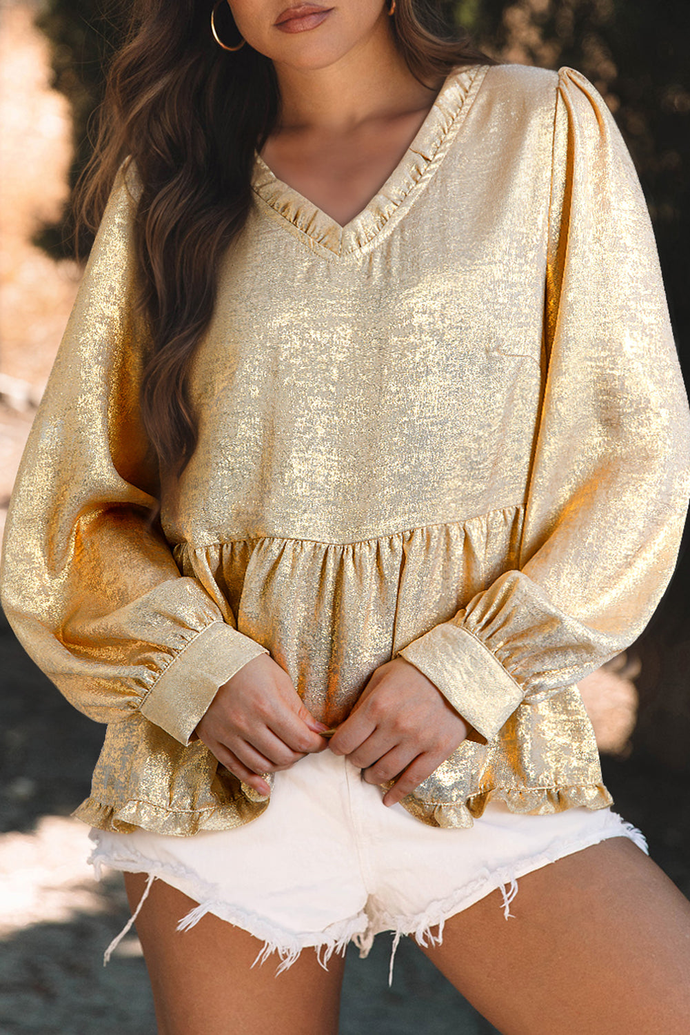 Gold Metallic Frilled V-Neck Puff Sleeve Babydoll Blouse