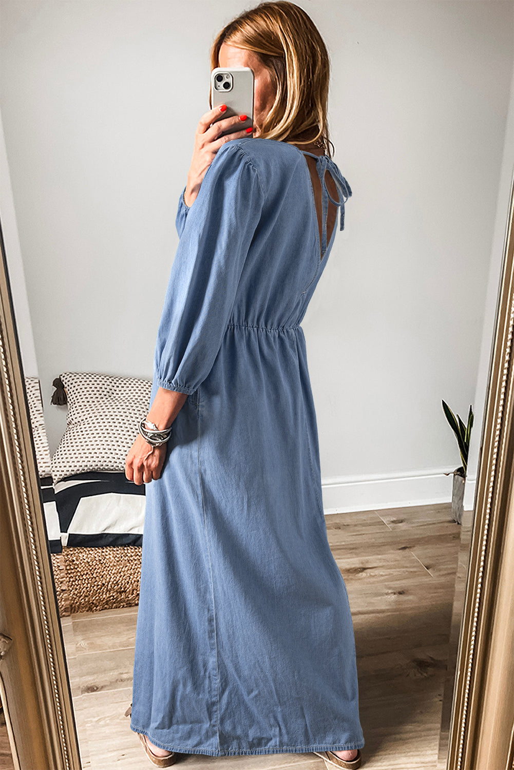 Myosotis Chambray Deep V-Neck Bracelet Sleeve Maxi Dress