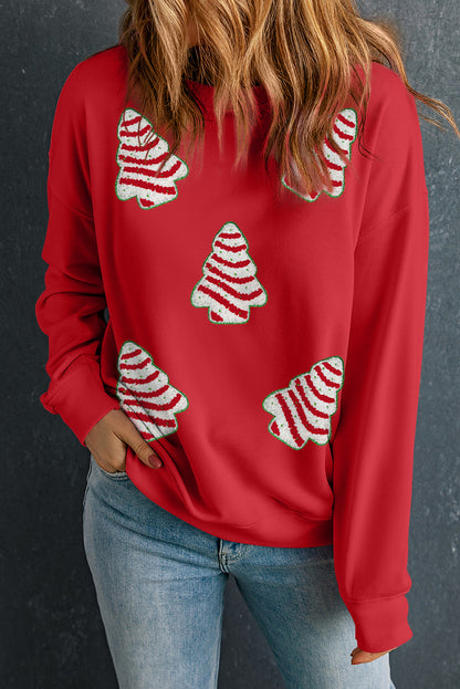 Red Playful Christmas Tree Patched Dropped Shoulder Sweatshirt