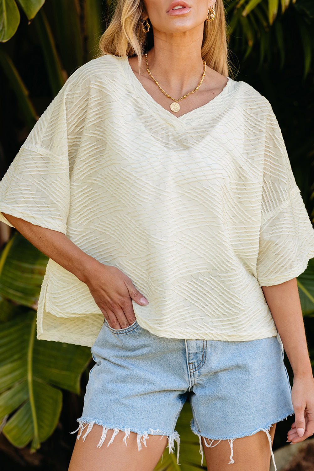 Beige V-Neck Textured Split Hem Oversized Top