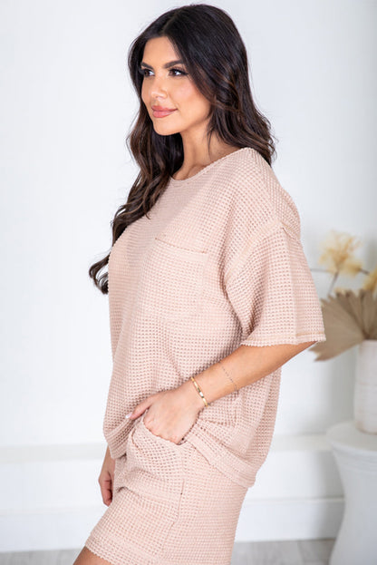 Apricot Pink Waffle Knit Short Sleeve Tee and Shorts Lounge Set