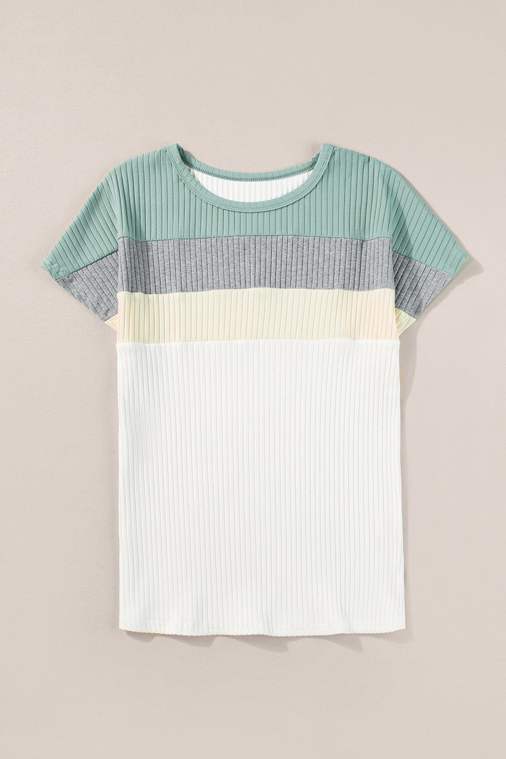 Moonlight Jade Ribbed Color Block Patchwork T-Shirt