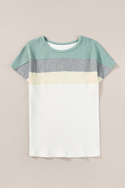 Moonlight Jade Ribbed Color Block Patchwork T-Shirt