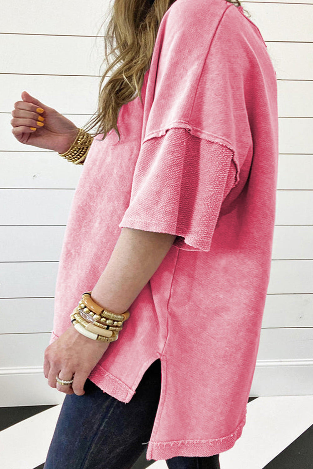 Strawberry Pink Mineral Wash Drop Sleeve Patchwork Plus Tee