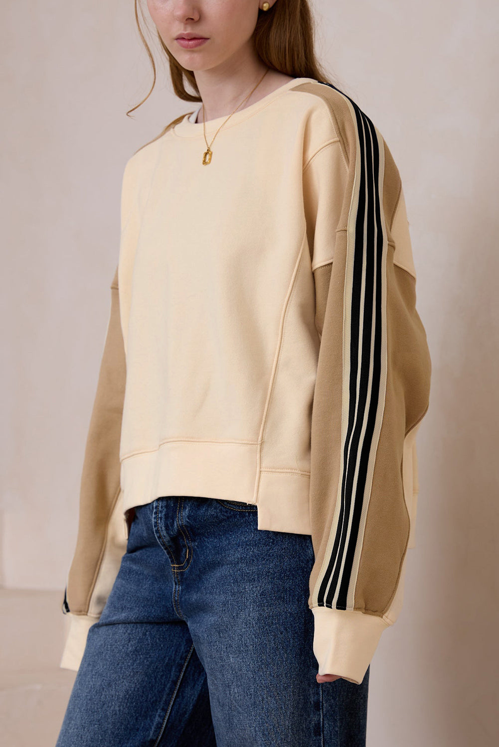 Beige Contrast Striped Patchwork Drop Shoulder Loose Sweatshirt