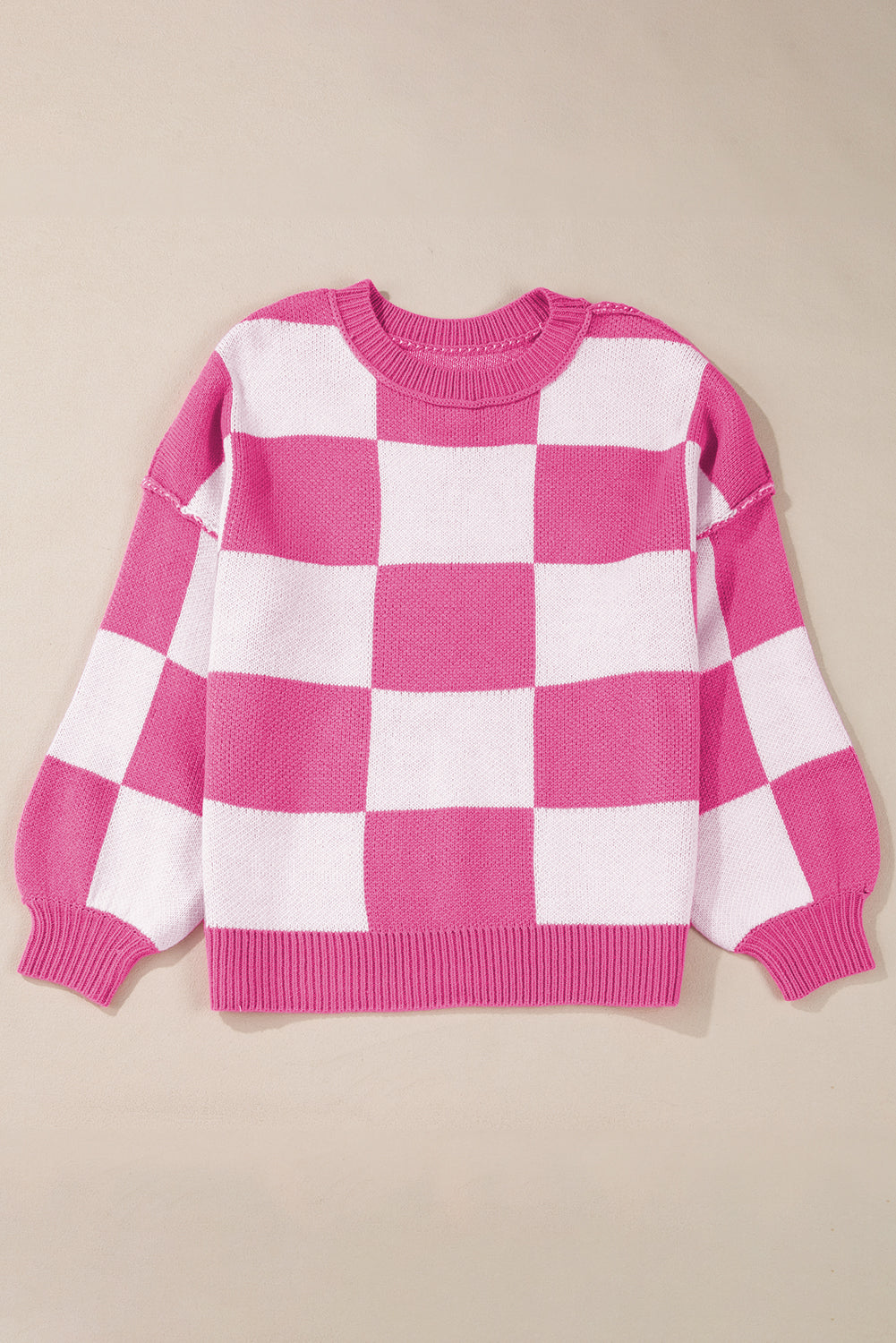 Rose Stripe Checkered Bishop Sleeve Sweater