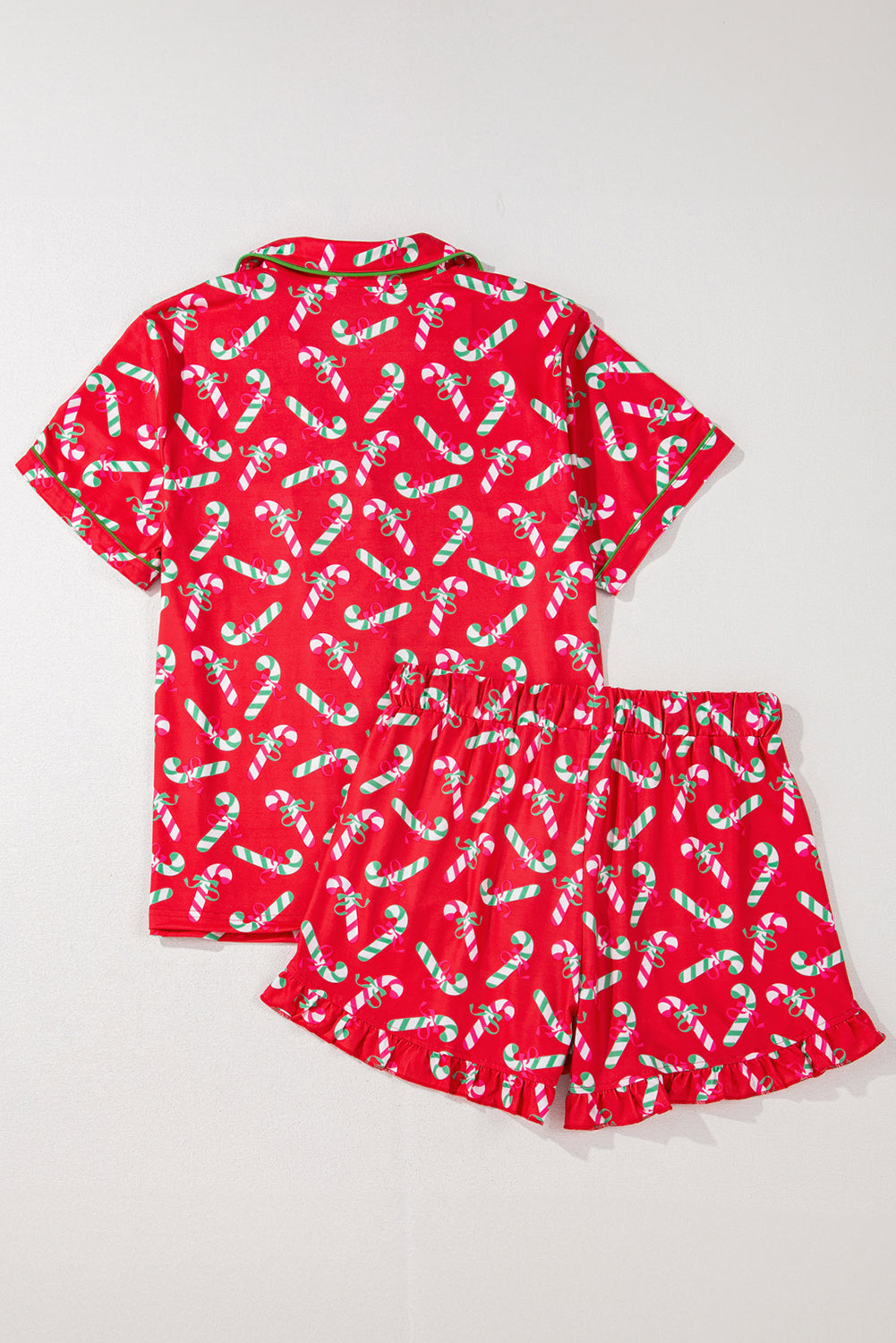 Red Christmas Candy Cane Print Pocketed Knotted Pajama Set