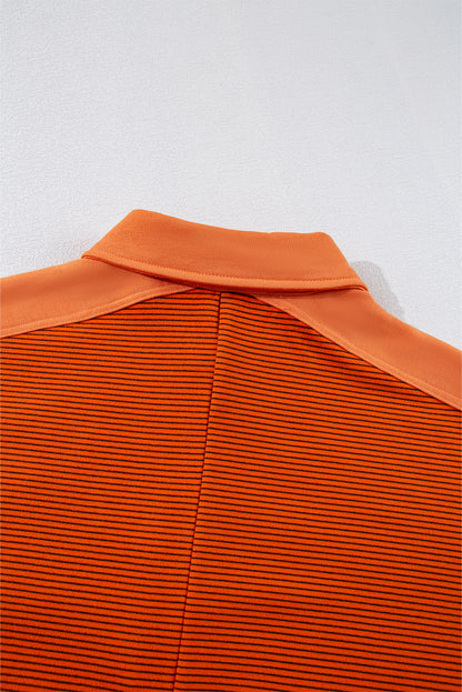 Orange Stripe Exposed Seam Henley Turn-down Neck Puff Sleeve Sweatshirt