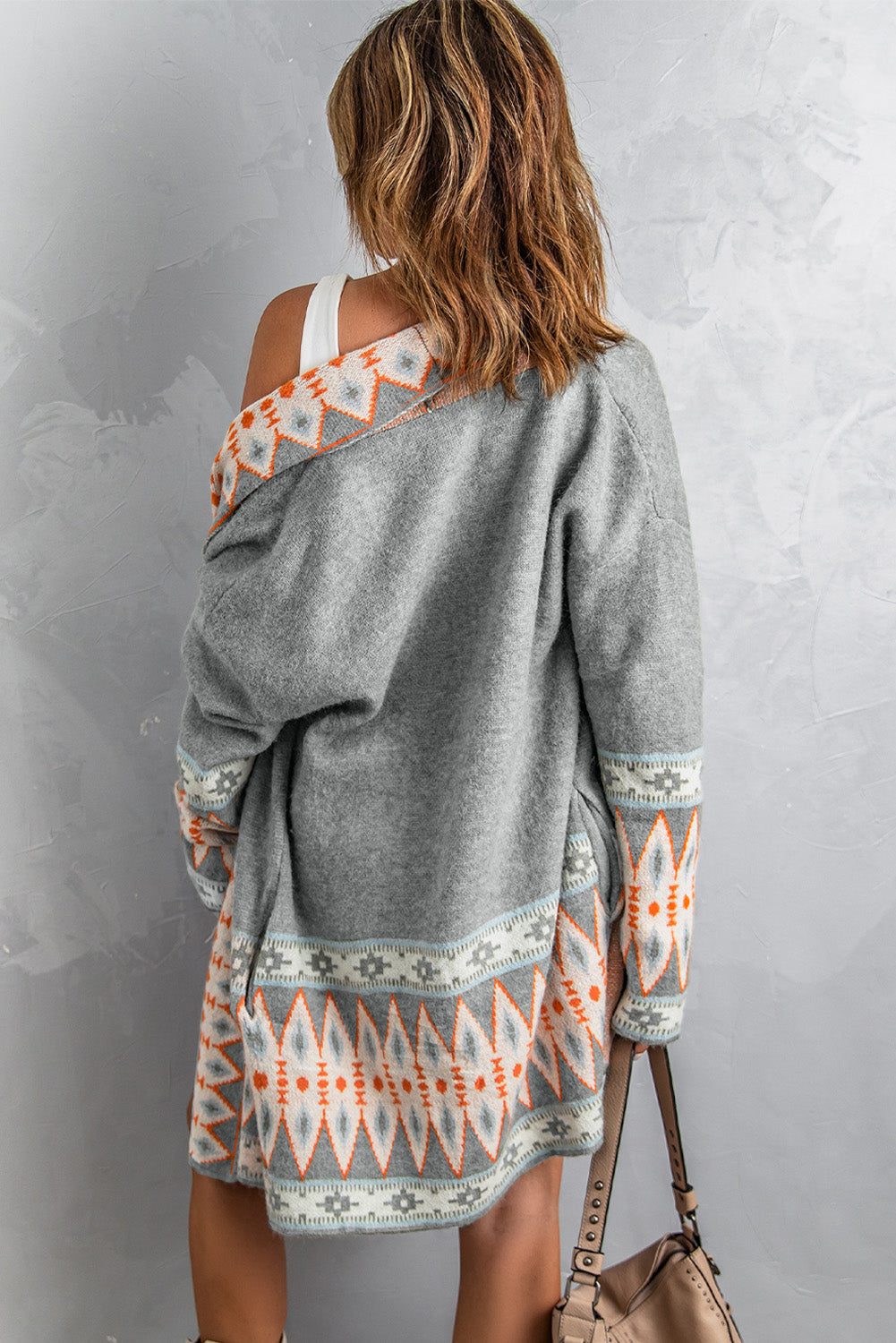 Gray Aztec Print Open Front Knitted Cardigan