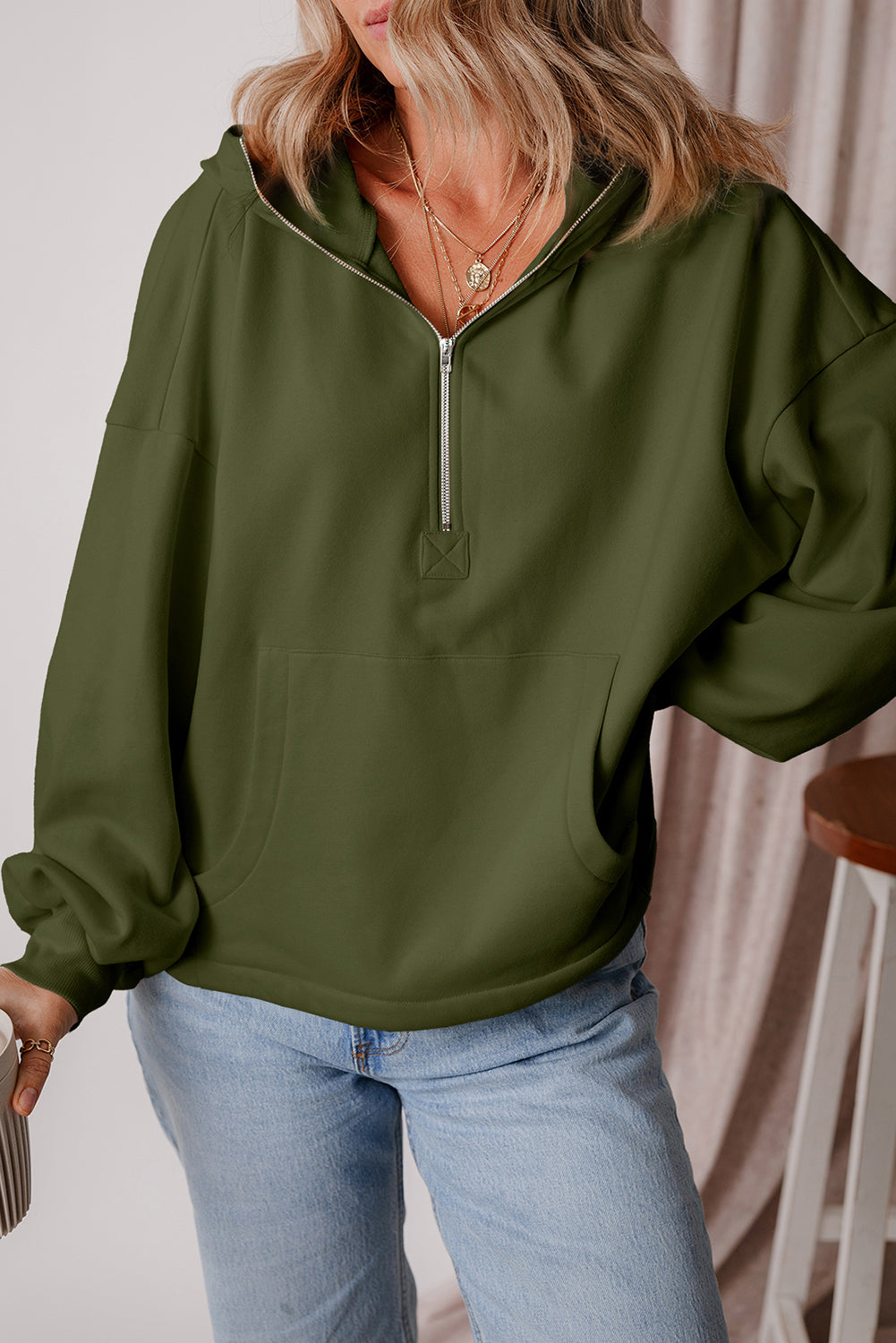 Moss Green Fleece Lined Half Zipper Kangaroo Pockets Loose Hoodie