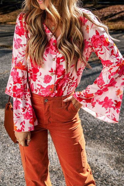 Pink Floral Print Tiered Bell Long Sleeve Buttoned Bodysuit