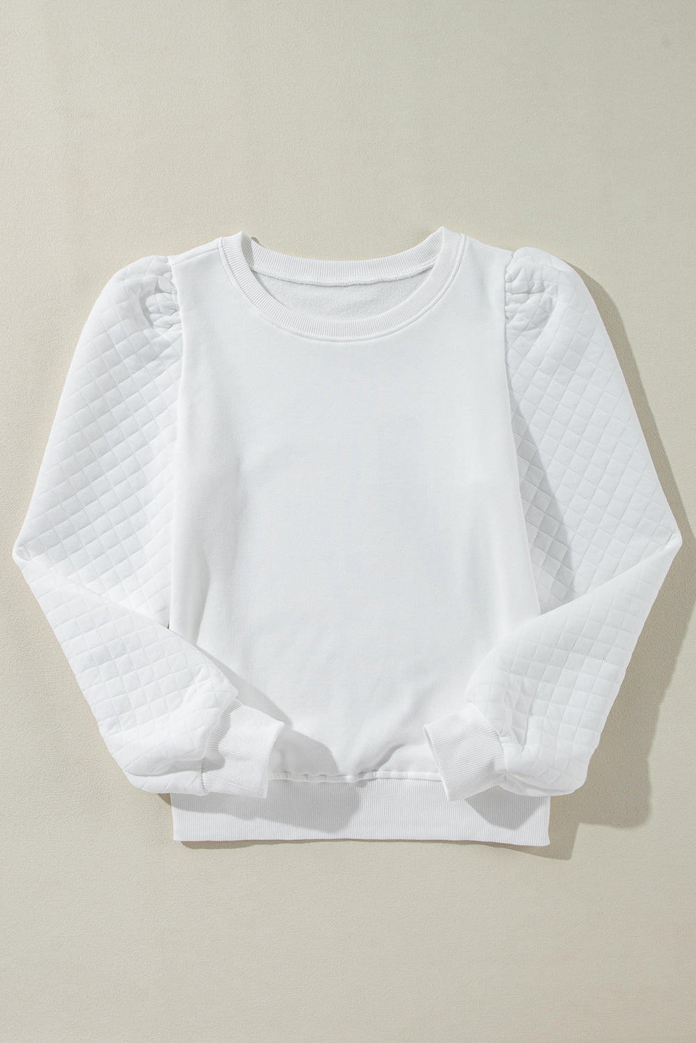 White Solid Puff Sleeve Round Neck Pullover Sweatshirt