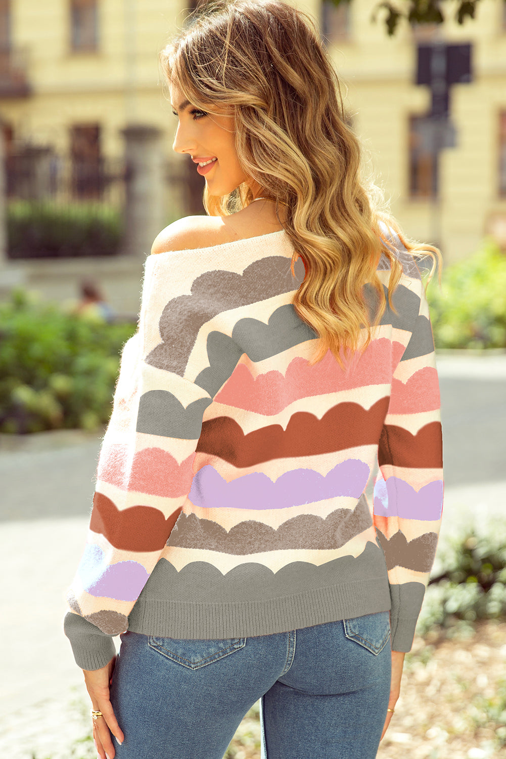 Gray Wave Striped Balloon Sleeve Drop Shoulder Sweater