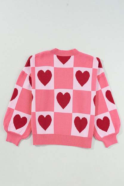 Pink Plus Size Love Heart Block Mock Neck Lantern Sleeve Valentine Sweater