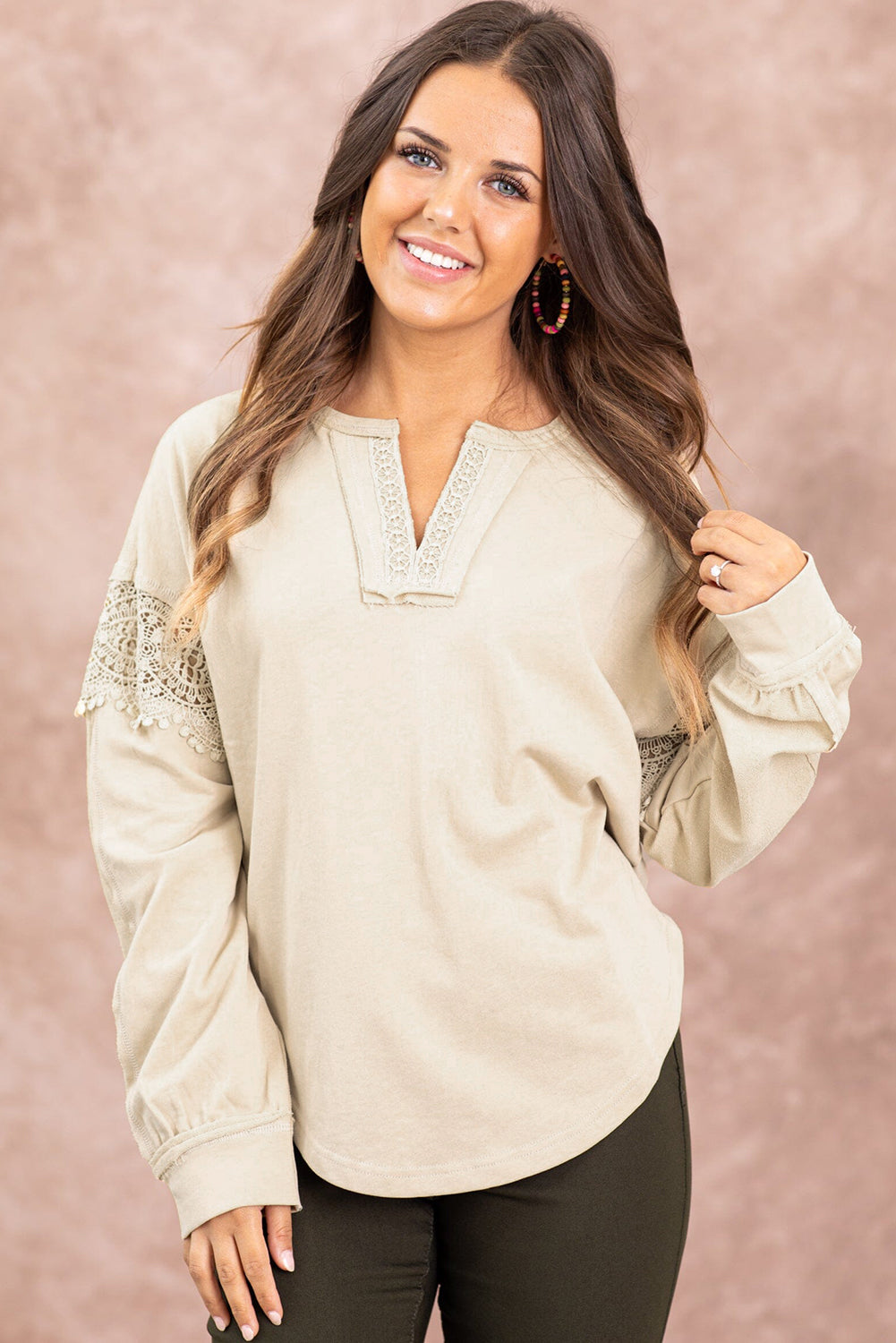 Oatmeal Notched Neck Crochet Insert Round Hem Sweatshirt