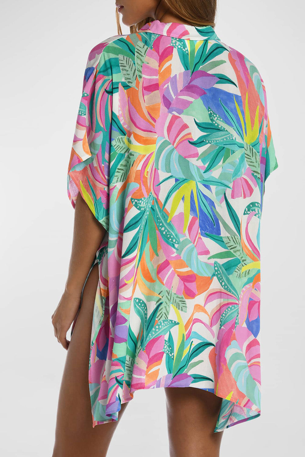 Multicolor Plant Print Button-up Half Sleeve Beach Cover-Up