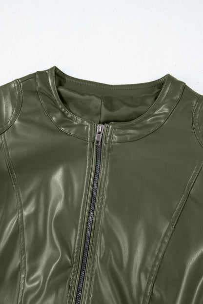 Sage Green Solid Faux Leather Zipper Slim Fit Bomber Jacket