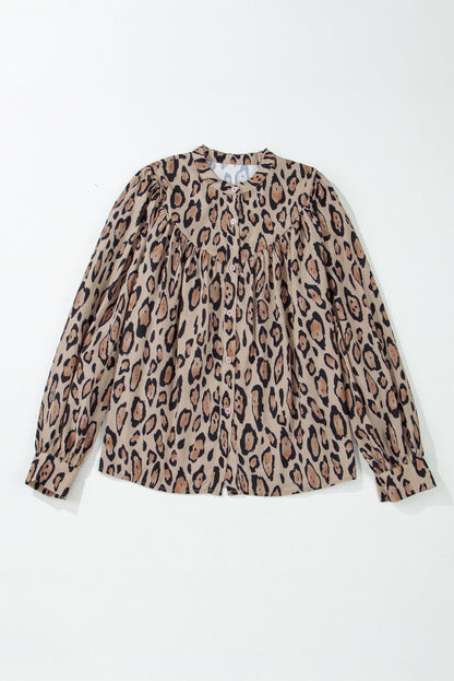 Light French Beige Oversized Leopard Print Balloon Sleeve Casual Shirt