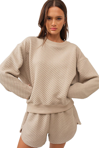 Parchment Solid Color Quilted Long Sleeve Top and Shorts Set