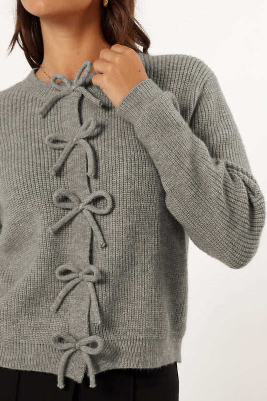 Philippine Gray Ribbed Knit Bow Front Buttoned Cardigan