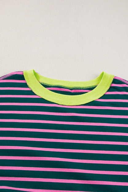 Green Stripe Oversized Contrast Trim Exposed Seam High Low T Shirt