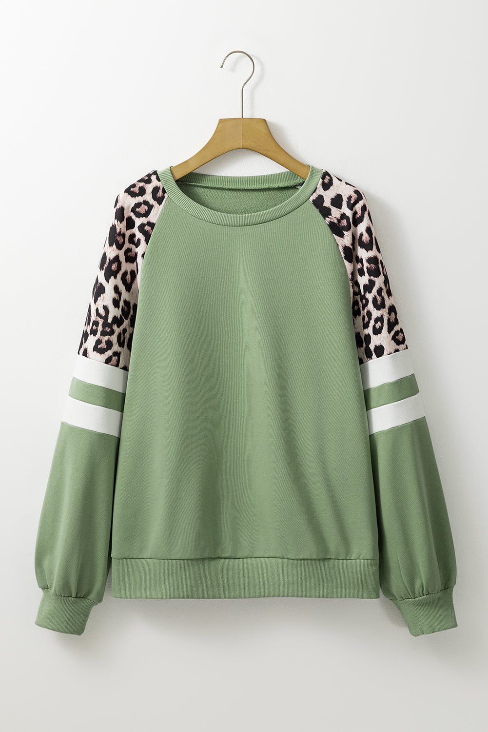 Grass Green Leopard Print Colorblock Raglan Sleeve Sweatshirt