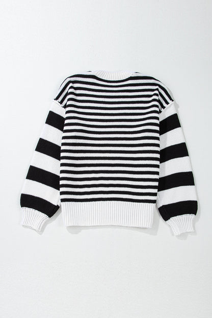 Black white Striped Drop Shoulder Bishop Sleeve Knit Sweater