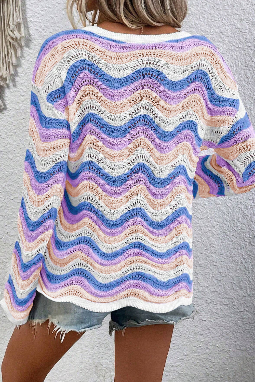 Purple Stripe Wavy Pointelle Knit Drop Shoulder Sweater