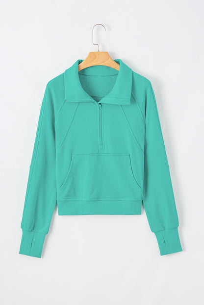 Aruba Blue Quarter Zip Stand Neck Kangaroo Pocket Sweatshirt