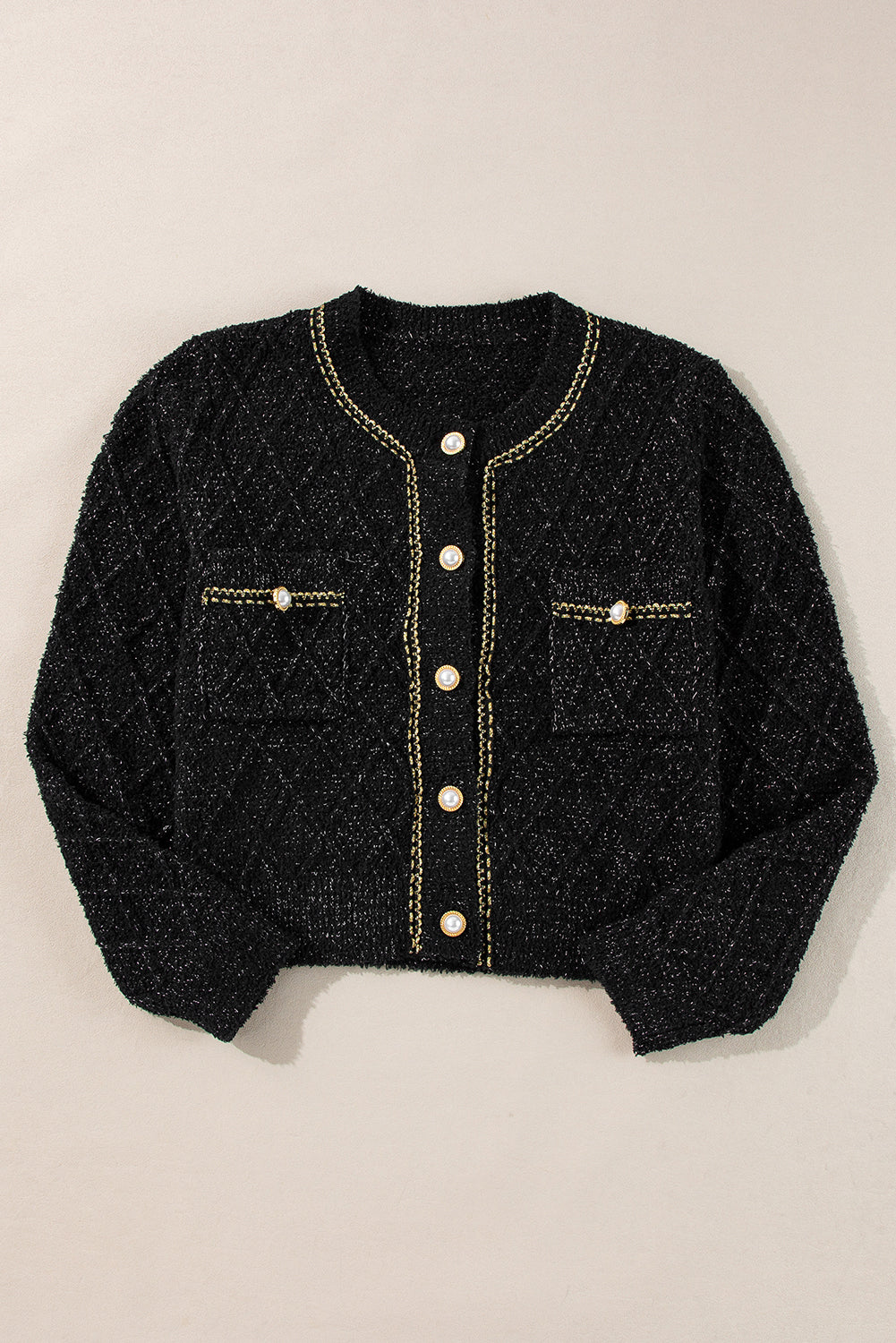 Black Shimmer Flap Pocket Button up Cardigan