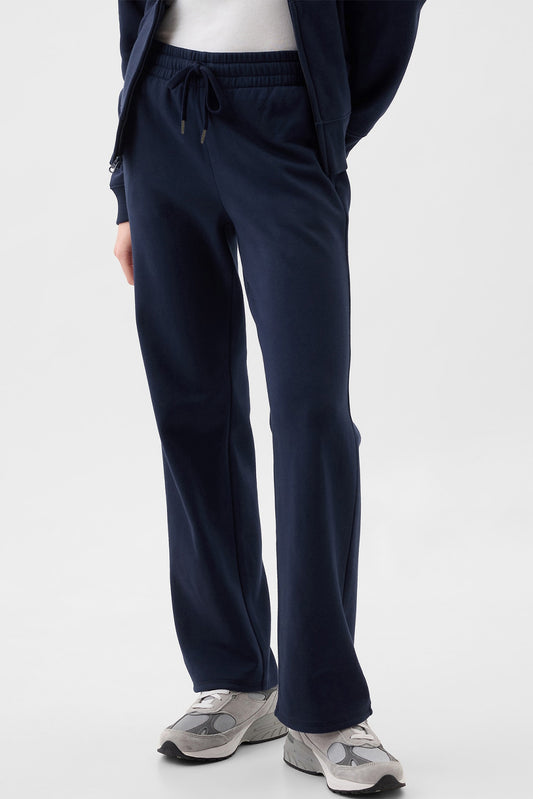 Navy Blue Solid Color Drawstring Waist Casual Straight Pants