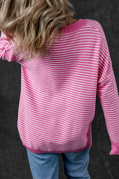 Pink Striped Scallop V Neck Loose Sweater with Slits