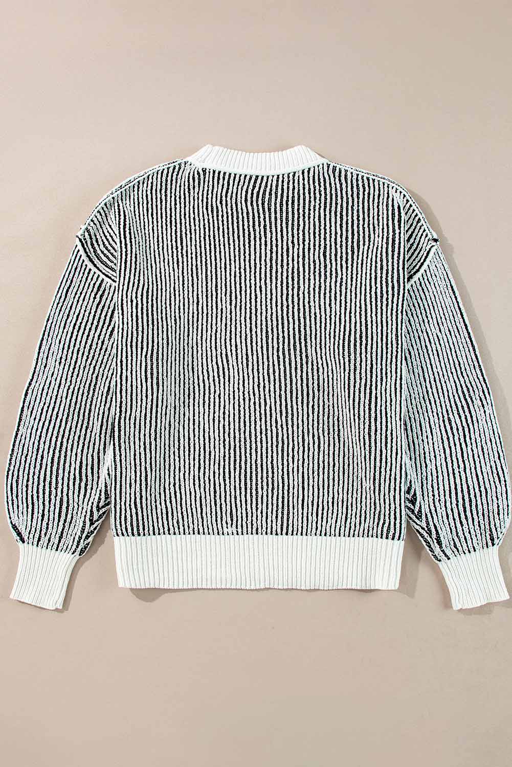 Black Striped Textured Knit Contrast Edge Loose Sweater