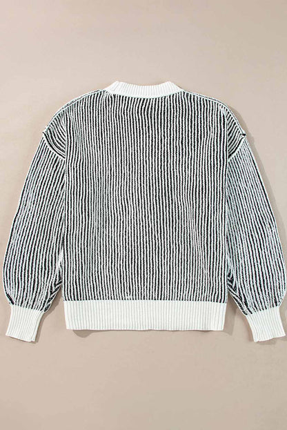 Black Striped Textured Knit Contrast Edge Loose Sweater